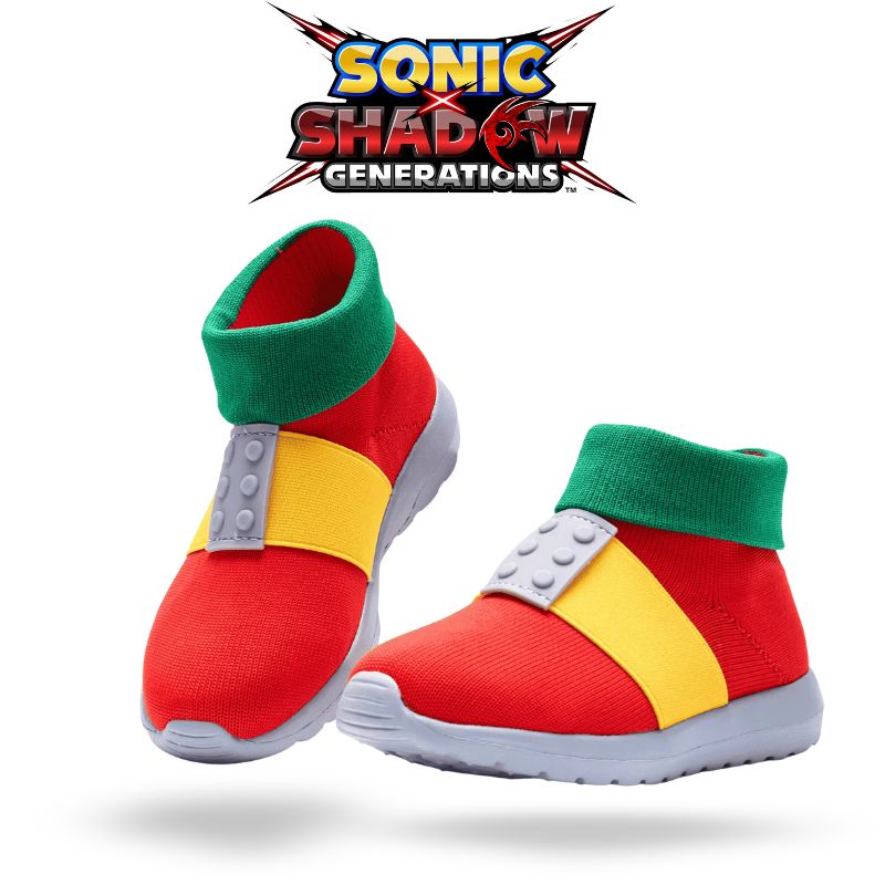 Close-up of Knuckles-inspired sneakers with durable materials and bold color accents.