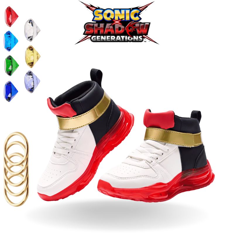 Shadow sneakers in red, black, white, and gold, designed for a bold and luxurious look with dynamic speed.