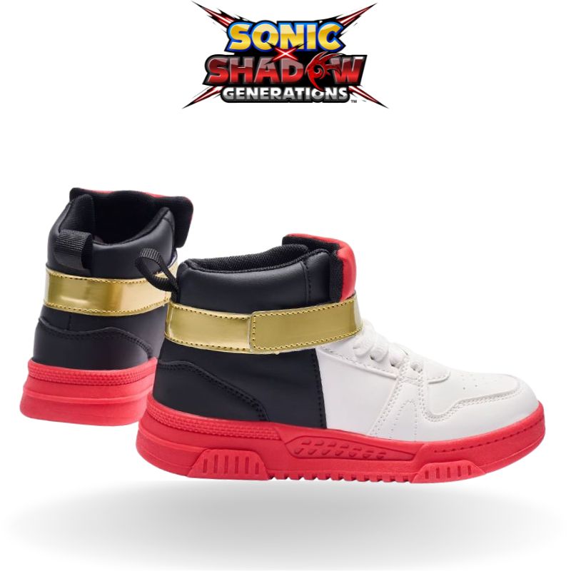 Side view of Shadow sneakers, showcasing a sharp black and red design that matches Shadow's iconic look.