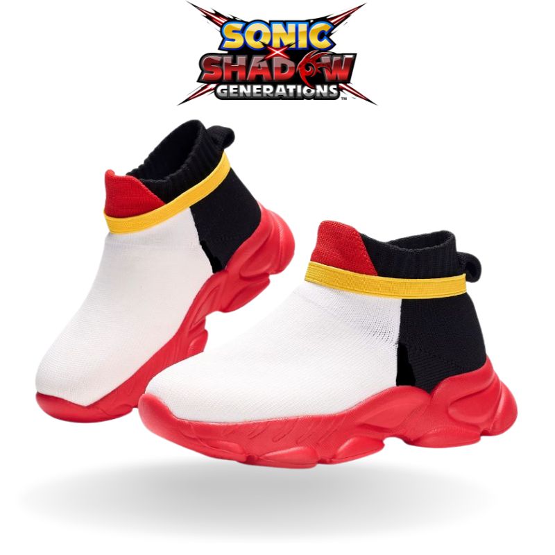 Side view of Shadow-themed sneakers in black and red, featuring edgy design inspired by the iconic character.