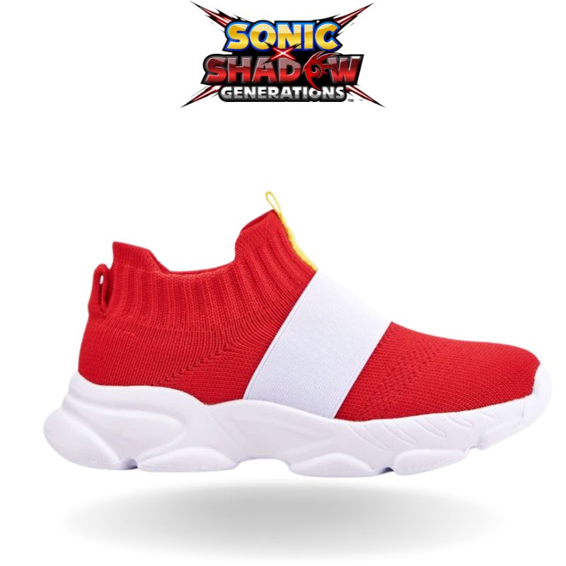 Lifestyle shot of Sonic red and white sneakers, perfect for active wear and casual outings.