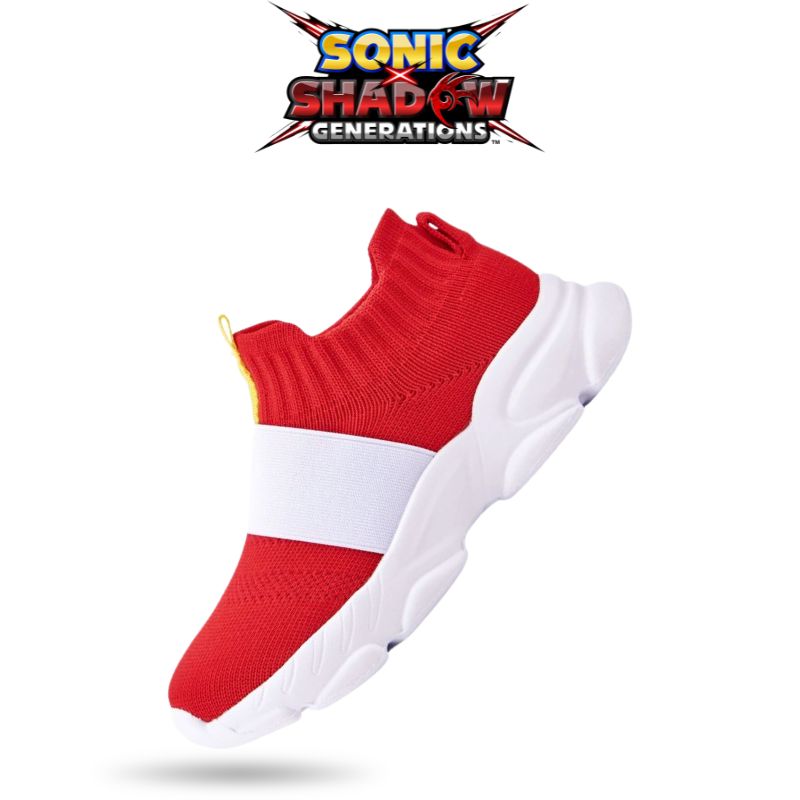 Close-up of the back heel of Sonic sneakers, highlighting red and white color details and Sonic’s signature look.