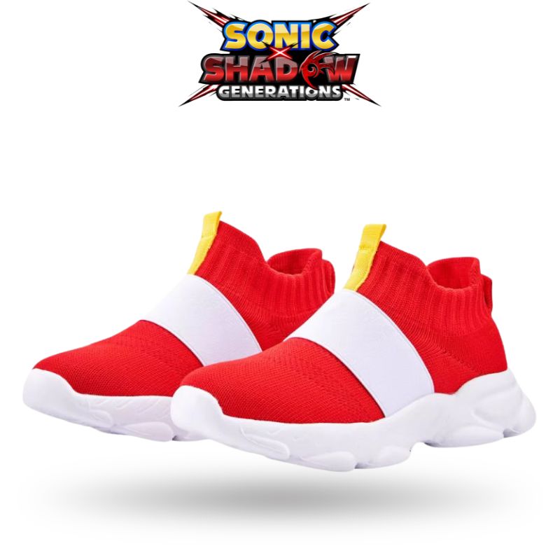 Side view of red and white Sonic sneakers, featuring dynamic design elements inspired by the iconic hedgehog.