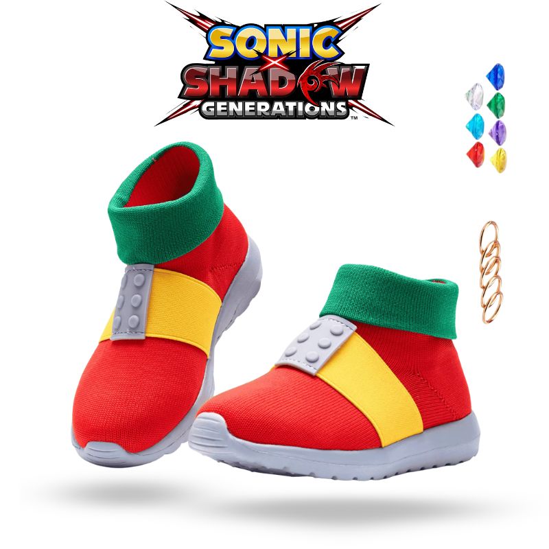 Red and black sneakers styled after Knuckles, featuring firm structure and sleek details.