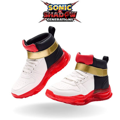 Close-up of the heel design on Shadow sneakers, featuring premium red, black, white, and gold accents.

