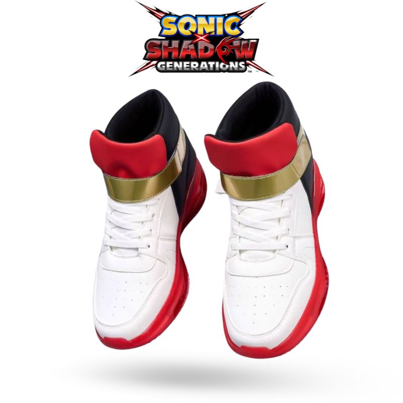 Side view of Shadow sneakers with a sleek combination of red, black, white, and gold, embodying power and performance.