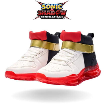 Side view of Shadow sneakers with a sleek combination of red, black, white, and gold, embodying power and performance.